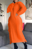 Tangerine Red Casual Solid Tassel Patchwork O Neck Straight Dresses