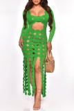 Green Sexy Casual Solid Tassel Hollowed Out See-through Square Collar Long Sleeve Dresses