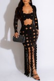 Green Sexy Casual Solid Tassel Hollowed Out See-through Square Collar Long Sleeve Dresses