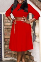 Red Casual Solid With Belt Mandarin Collar Long Sleeve Dresses