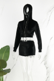 Black Casual Solid Patchwork Draw String Zipper Hooded Collar Long Sleeve Two Pieces