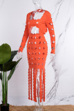 Orange Sexy Casual Solid Tassel Hollowed Out See-through Square Collar Long Sleeve Dresses