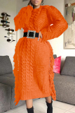 Apricot Casual Solid Tassel Patchwork O Neck Straight Dresses