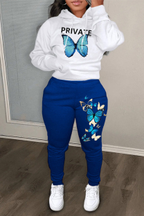 White Blue Plus Size Casual Letter Butterfly Patchwork Draw String Pocket Hooded Collar Plus Size Two Pieces