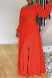 Red Casual Elegant Simplicity Slit Fold Solid Color Off the Shoulder Long Sleeve Two Pieces