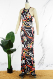 Black Casual Daily Vacation Simplicity Floral Printing Halter Printed Dress Dresses