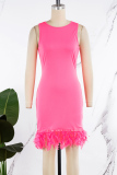 Rose Red Daily Party Elegant Simplicity Patchwork Feathers Solid Color O Neck Sleeveless Dress Dresses