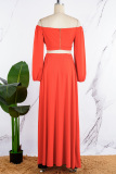 Red Casual Elegant Simplicity Slit Fold Solid Color Off the Shoulder Long Sleeve Two Pieces