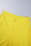 Yellow Casual Daily Vacation Plain Solid Color Square Collar Two Pieces