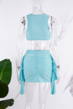 Blue Sexy Casual Elegant Vacation Patchwork See-through Asymmetrical Sleeveless Two Pieces