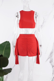 Red Sexy Casual Elegant Vacation Patchwork See-through Asymmetrical Sleeveless Two Pieces