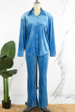 Sky Blue Casual Solid Patchwork Buckle Slit Turndown Collar Long Sleeve Two Pieces