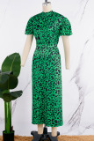 Green Casual Print Slit Half A Turtleneck Short Sleeve Dress