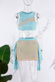 Blue Sexy Casual Elegant Vacation Patchwork See-through Asymmetrical Sleeveless Two Pieces