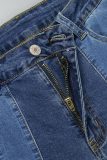 Blue Casual Patchwork Contrast High Waist Skinny Denim Jeans (Subject To The Actual Object)