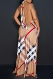 Brown Sexy Casual Print Bandage Backless Halter Long Dress Dresses