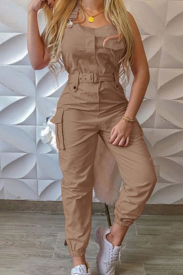 Khaki Casual Solid Patchwork Backless Square Collar Regular Jumpsuits