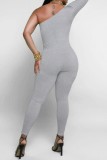 Grey Casual Solid Backless Oblique Collar Skinny Jumpsuits