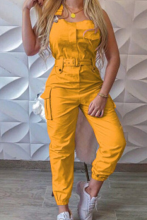 Yellow Casual Solid Patchwork Backless Square Collar Regular Jumpsuits
