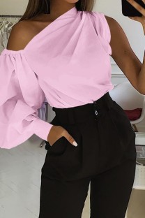 Pink Casual Solid Asymmetrical Oblique Collar Tops