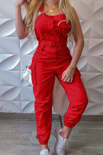 Red Casual Solid Patchwork Backless Square Collar Regular Jumpsuits