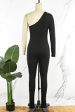 Black Casual Solid Backless Oblique Collar Skinny Jumpsuits