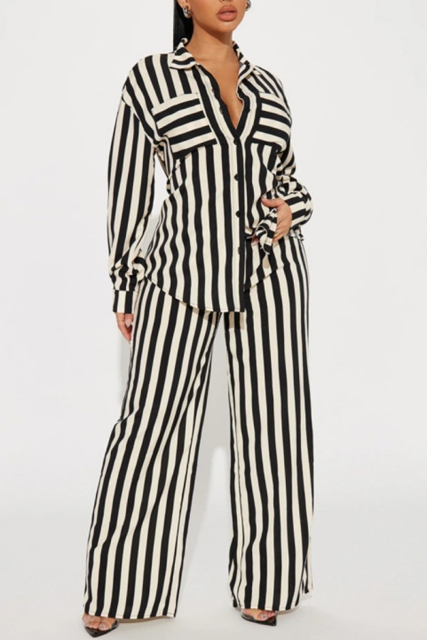 Black And White Casual Striped Print Shirt Collar Long Sleeve Two Pieces