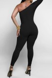 Black Casual Solid Backless Oblique Collar Skinny Jumpsuits