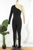 Black Casual Solid Backless Oblique Collar Skinny Jumpsuits