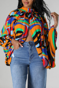 Orange Sexy Print Patchwork Asymmetrical O Neck Tops