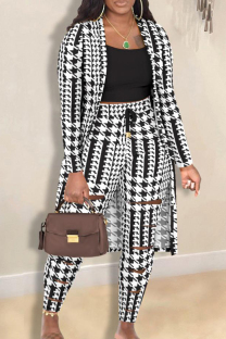 Black White Elegant Print Patchwork Draw String O Neck Plus Size Three Pieces