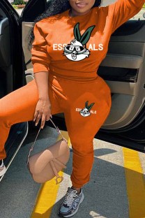Orange Casual Character Print Letter O Neck Plus Size Two Pieces