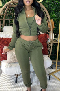 Army Green Casual Solid Patchwork Draw String Pocket Zipper Hooded Collar Long Sleeve Two Pieces