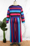 Red Casual Sweet Striped Patchwork Pocket Contrast O Neck Plus Size Two Pieces