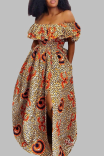 Tangerine Red Casual Work Elegant Mixed Printing Dot Leopard Patchwork Printing Off the Shoulder Waist Skirt Dresses