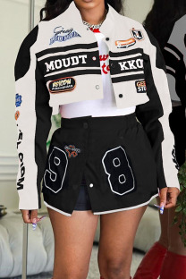 Black Casual Street Print Patchwork Turndown Collar Long Sleeve Two Pieces
