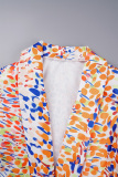 Blue Casual Print Cardigan Turn-back Collar Outerwear