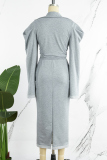 Grey Casual Solid Bandage Patchwork Turndown Collar Long Sleeve Two Pieces