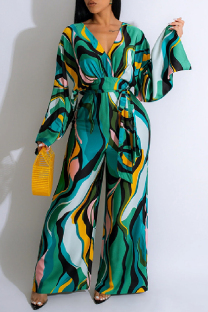 Green Casual Print Patchwork V Neck Regular Jumpsuits