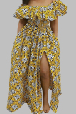 Yellow Casual Work Elegant Mixed Printing Dot Leopard Patchwork Printing Off the Shoulder Waist Skirt Dresses