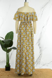 Yellow Casual Work Elegant Mixed Printing Dot Leopard Patchwork Printing Off the Shoulder Waist Skirt Dresses
