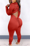 Red Casual Solid Backless V Neck Skinny Jumpsuits