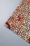 Tangerine Red Casual Work Elegant Mixed Printing Dot Leopard Patchwork Printing Off the Shoulder Waist Skirt Dresses