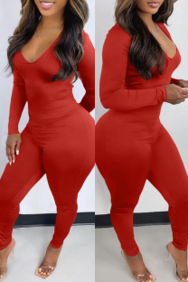 Red Casual Solid Backless V Neck Skinny Jumpsuits