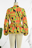 Red Yellow Casual Print Bandage Patchwork V Neck Tops