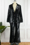 Black Casual Solid Sequins Patchwork Buttons Turn-back Collar Long Sleeve Two Pieces