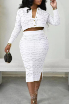 White Casual Solid Hollowed Out Patchwork Buckle Slit Turndown Collar Long Sleeve Two Pieces