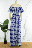 Dark Blue Casual Work Elegant Mixed Printing Dot Leopard Patchwork Printing Off the Shoulder Waist Skirt Dresses