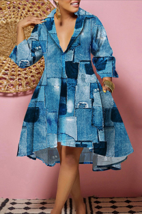 The cowboy blue Casual Print Patchwork V Neck Printed Dress Plus Size Dresses