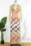Brown Sexy Casual Print Bandage Backless Halter Long Dress Dresses